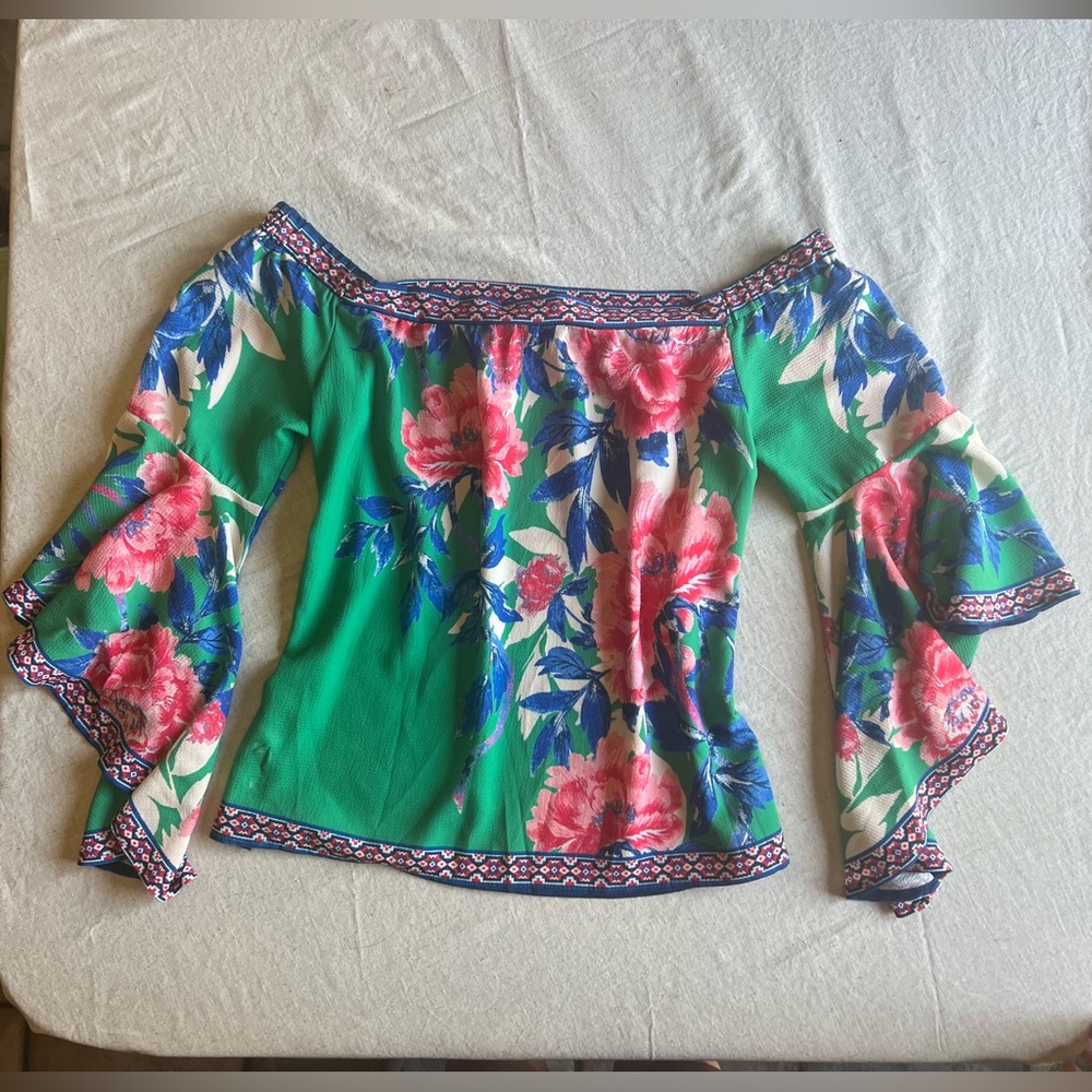 Flying Tomato—Floral Off-Shoulder Blue Pink Green 3/4 Sleeve Top—Medium